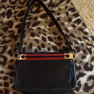 Vintage Gucci Navy and Red Shoulder Bag with Gold Accents